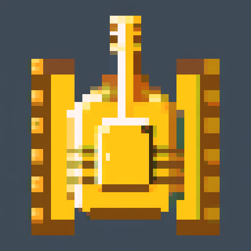 small tank, top-view, game sprite, 32x32 pixel art, sRGB, 2d game art, close up, yellow main color, single turret, intimidating cannons, tracks, tranparent background, game sprite, symmetry