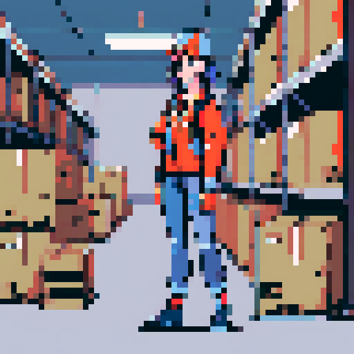 young, female warehouse worker, Amazon Germany, pixel art