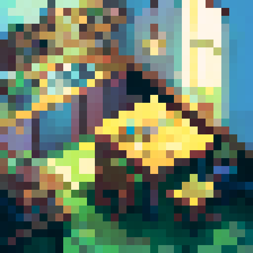 Cozy inn with dim lights and band of heroes sitting next to the table, pixel art 