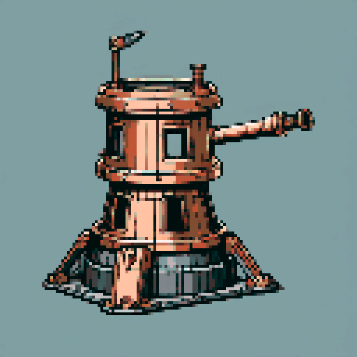I want a copper structure reminiscent of the base of a gun turret. The design should be relatively simple. I also want this object usable as an asset in a videogame, meaning only one object per image, outlined with a strong black stroke, on a solid-color background.