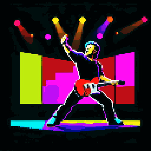 Bruce Springsteen silhouette, bold black lines, vibrant colors, pixelated style, sRGB palette, energetic stage presence, iconic guitar stance, dynamic pixel art rendition, nostalgic 8-bit graphics, electric atmosphere, captivating stage lighting, pixel-perfect details, retro video game vibes, crowd cheering, pulsating rock music, powerful lyrics