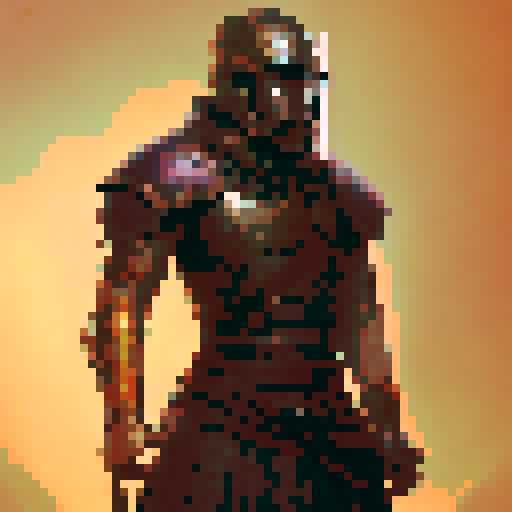 greek hoplite in copper armor, shield, corinthian helmet without plume, red tunic, red-edged sandals, long spear, 32x32 sprite style, pixel art