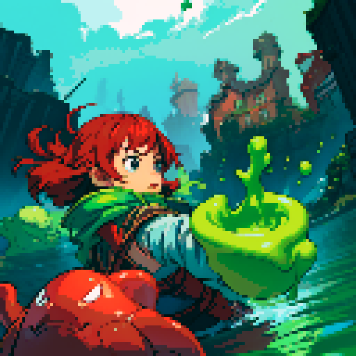 hero sinking into slime, hero drowning in slime, hero has red hair, hero has silver armor, reaching up, panic, sinking deep into slime