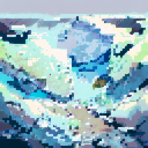 Snowy mountain range research complex with sleek, angular architecture blending into the snowy landscape, surrounded by icy cliffs and a frozen river cutting through the valley, all in a landscape portrait style.