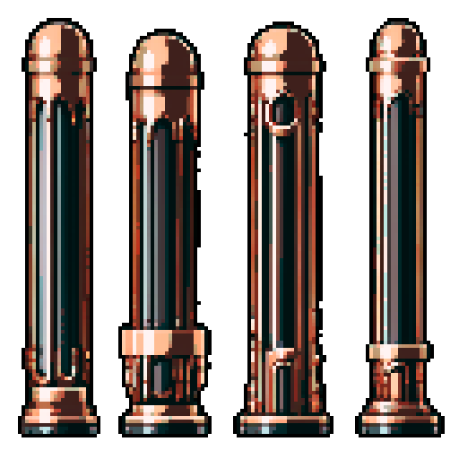 I want a tall vertical copper structure reminiscent of a organ pipe. It should have strange mechanical details that could interlock with each other. I also want this object usable an asset in a videogame, meaning only one object per image, outlined with a strong black stroke, on a solid-color background.