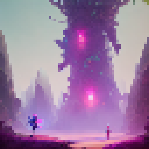 Dragon-breath flowers bloom in a neon forest, guarded by a towering golem and a trio of fairy archers in a whimsical fantasy RPG style.