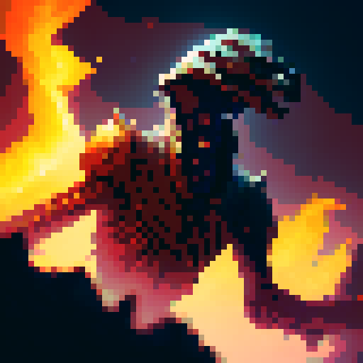 Skeleton engulfed in roaring flames, pixelated profile picture, capturing the essence of a fantasy RPG