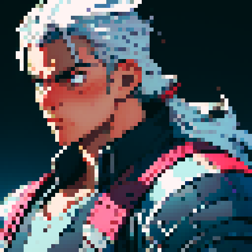 male warrior with a sleek, silver helmet, fierce eyes, broad shoulders, muscular arms, and a determined expression, rendered in vibrant, retro pixel art, portrait