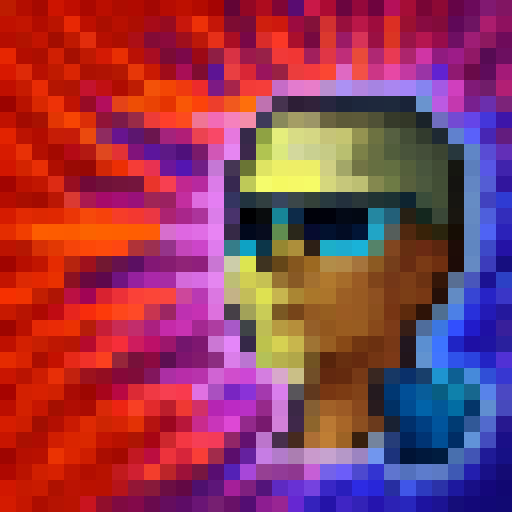 "Create a 32x32 pixel art of a modern-day pirate sporting a leather jacket, aviator sunglasses, and a bandana while holding a pixelated cutlass and standing on a neon pink and blue ship against a city skyline backdrop."