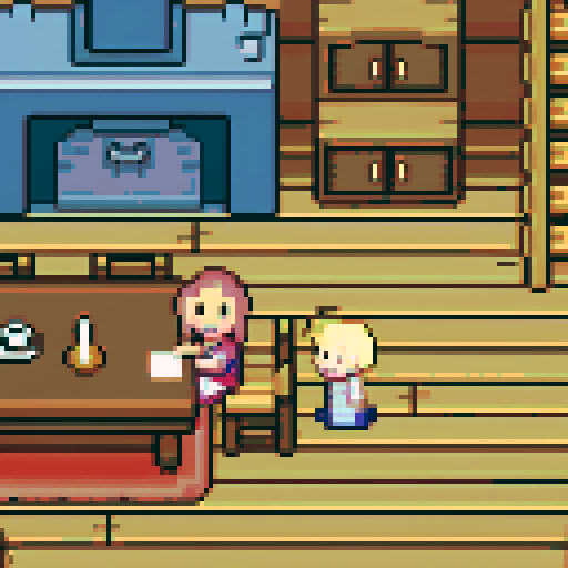 Cabin interior, table, kitchen, mother and son