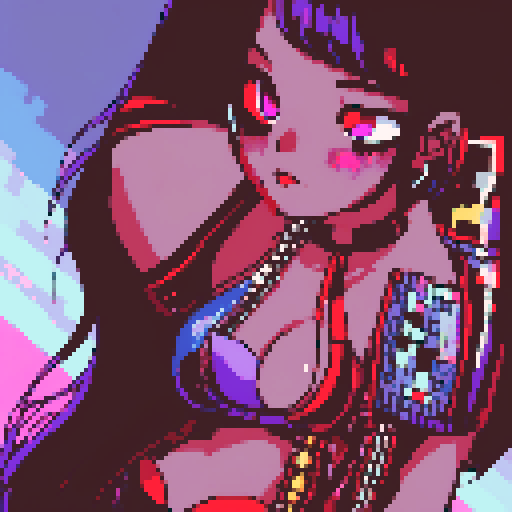 Goth girl face, curvy goth, busty goth girl, whole head portrait, black hair, purple eyeshadow, red lipstick, wearing bikini, studded collar, vibrant srgb colors, edgy aesthetic