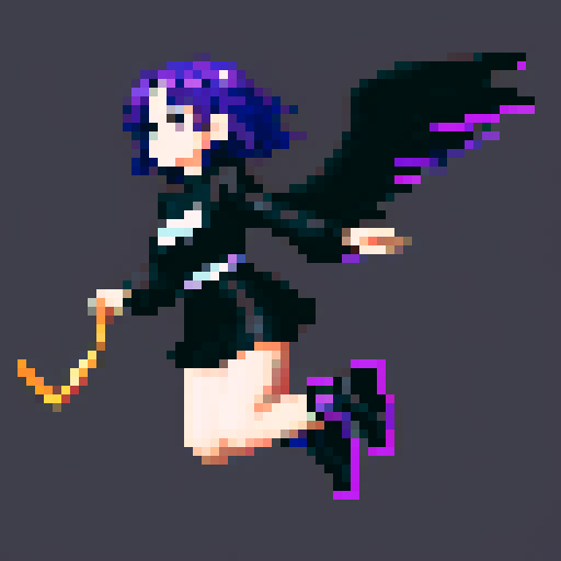 Purple haired anime character, wearing black clothes with a black angel wing casting a spell