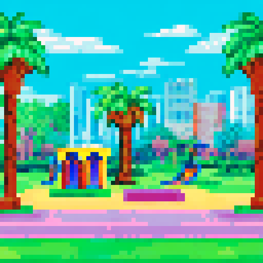 Tropical playground with vibrant, colorful slides, swings, and a sandbox surrounded by lush palm trees, with a pixel art school building in the background, all set against a beautiful sRGB background landscape