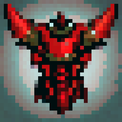 Red, fiery, horned devil with sharp fangs, adorned in shiny metal armor, wielding a wicked-looking trident, in 32x32 pixel art style