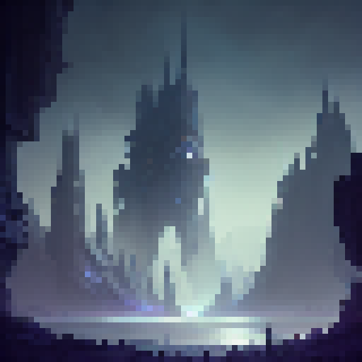 Mystical ruins surrounded by ominous trees, shrouded in a blue mist, with a towering castle in the distance, all depicted in a dark, atmospheric, and highly-detailed fantasy RPG concept art style.