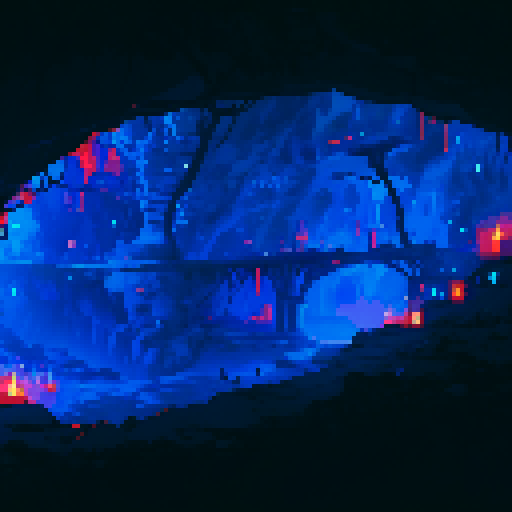 cave entrance, underwater city, vibrant colors, shimmering water, detailed pixel art, sRGB
