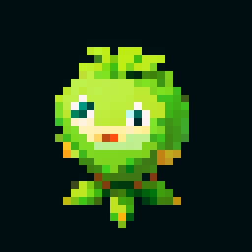 A slightly larger plant-like creature with more defined features, bark-like skin, and budding flowers. It has a friendly expression and a sturdy build. No background.
