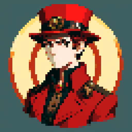 steampunk young man, red coat, red hat, 2D game stance, pixel art, sRGB