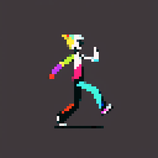 Stick figure dancing with joy, vibrant colors, exaggerated movements, no background