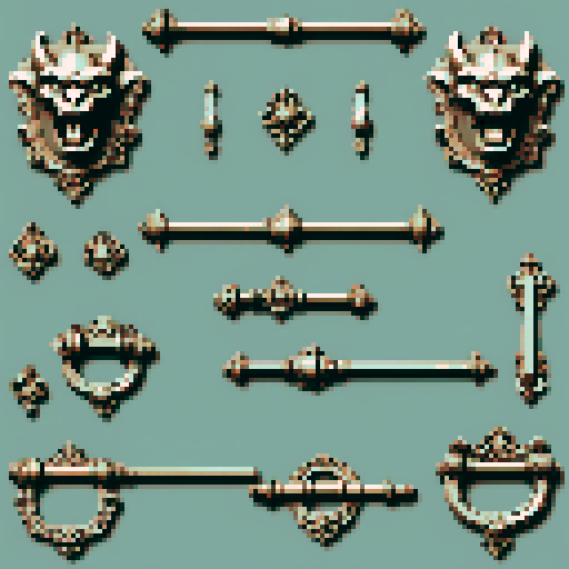 Mechanical pieces from old door knocker and gargoyles. It should be seen as if on a wall, with no perspective, on a solid-color background. There should one be two or three pieces in each frame, it shouldn't be complete.