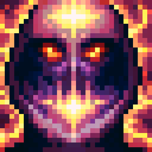 Warlock casting a fiery spell with glowing eyes and intricate runes, depicted in a pixel art close-up portrait with a dark, ominous background for a game icon.