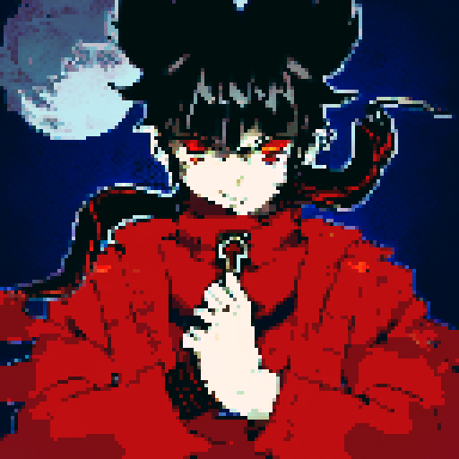 Male half-demon warrior, short black hair, captivating fusion of dark and fiery elements, red eyes reflecting fierce determination and vulnerability, attire blending traditional and modern influences from human and demon, character portrait, anime style, pixel art, close-up