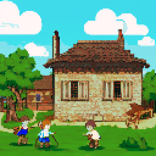 Walking through a village in 18th century french countryside. In view is a rustic tavern entrance, a beautiful fountain, some kids playing with a dog, a ox drawn cart full of baskets of fruit and a few other rustic buildings.