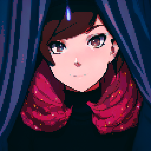 A brown-haired girl with brown eyes smiles as she stands amid blue curtains in a black dress and floating cherry blossom petals