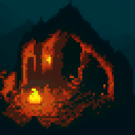campfire surrounded by flickering shadows, torches illuminating a dimly lit dungeon, stone walls adorned with intricate pixel art, a cozy resting place amidst the eerie atmosphere