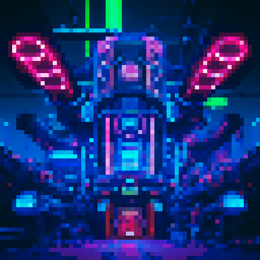 retro-futuristic excavation building, game icon, 32x32 pixel art, sRGB, skill art, close up, portrait, vibrant colors, glowing neon lights, weathered metal surfaces, towering smokestacks, mechanical gears, steampunk elements, futuristic machinery, intricate circuitry, holographic displays, pulsating energy sources
