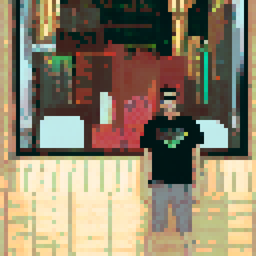 A vibrant, neon cityscape with towering skyscrapers and bustling streets, all in the iconic pixel art style of sRGB and set against a stunningly detailed sunset background