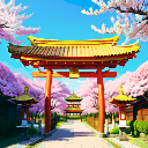 Golden shinto shrine, vibrant cherry blossom trees, traditional architecture with intricate details, shinto torii gate adorned with golden decorations, a pixel art golden cuboid positioned behind the gate, golden lanterns illuminating the scene in sRGB colors