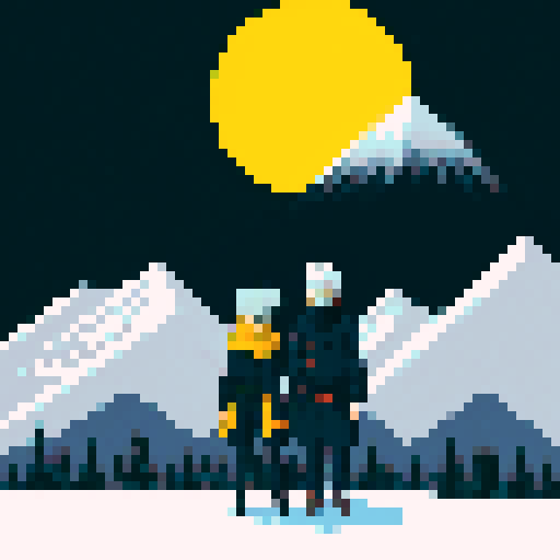 Hatake Kakashi with a black cat with yellow eyes on his shoulders in between towering, snowy mountains