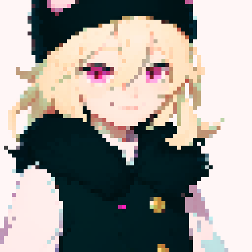 Solo male with perfect anatomy, straight-on, inframe, facing viewer, with round pupils, light blonde hair between eyes, wearing an ushanka hat with a black fur collar, a black vest, puffy sleeves, and black elbow gloves, his light pink eyes looking at the viewer, smile, in a pixel art style with sRGB colors, half closed eyes, best quality, stylised
