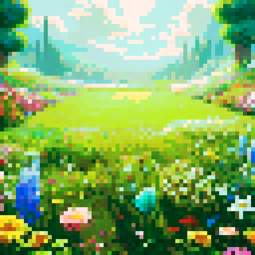 A vibrant, lush flower garden arena with a flat grassy field. Bright blossoms and glowing petals frame the scene, with soft sunlight illuminating the environment.