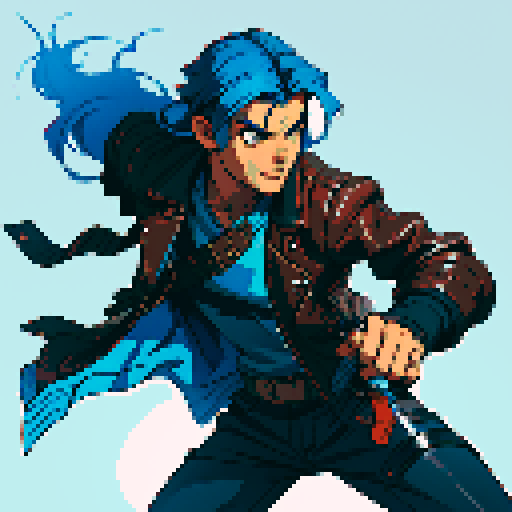 male character, blue hair, holding two knives, space pirate, brown leather jacket, retro video game style, pixelated details, no background, dynamic poses