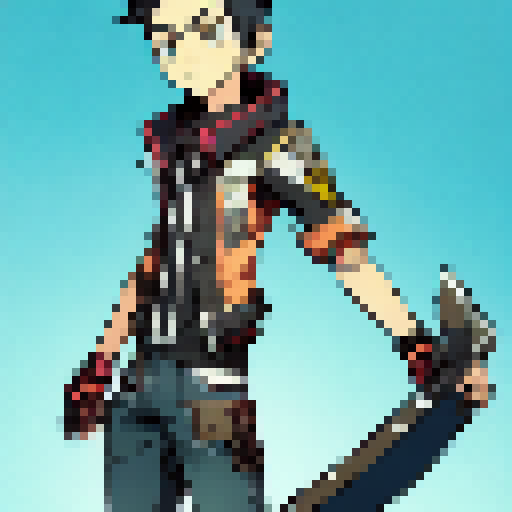 Zero from Borderlands 2, wielding his sword with fierce determination, stoically stares down at a plump, white chicken perched on his shoulder in a vibrant anime style.