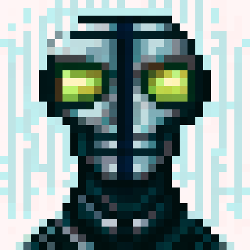 Terminator, half face robot, black and white