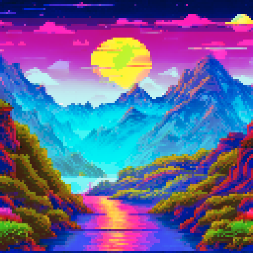 Moonlit mountain range towering over a tranquil lake, surrounded by glowing fireflies and shooting stars in a star-studded night sky