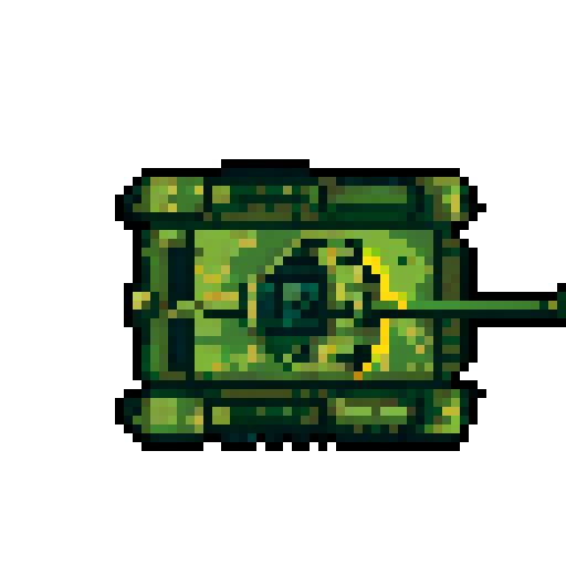 military tank, top-down view, 32x32 pixels, prominent turret, gun barrel, visible treads, green and gray color scheme, transparent background, World War Two, pixel art, sRGB