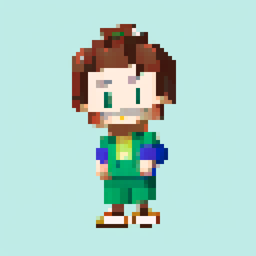 A single sprite of a young boy with a backpack on, pixel art, facing the camera, with a plain expression, on a plain background. His eyes are blue and his hair is brown. His backpack is red. He's wearing green hiking pants with brown shoes.
