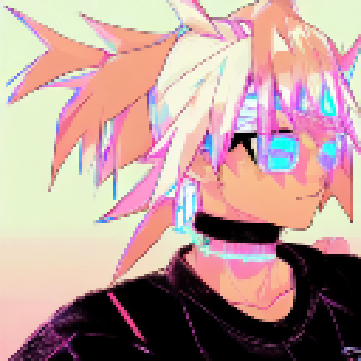 Neon-lit cyberpunk portrait with vibrant hues of electric blue, hot pink, and acid green in a 16x16 pixel art style.