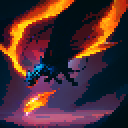 Fiery dragon with shimmering scales, wings spread wide as it soars through a cloudy sky, spewing flames from its monstrous jaws with a backdrop of a mystical kingdom in a fantasy RPG style