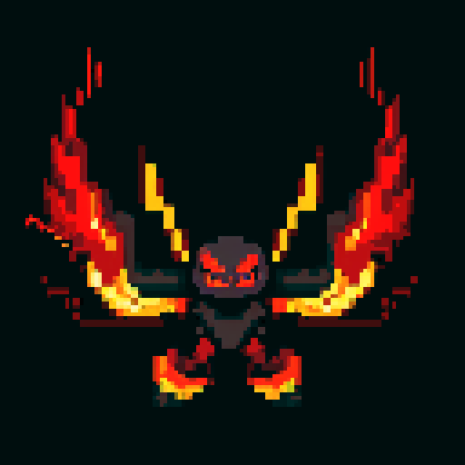 A demonic entity made entirely of fire, with blazing wings and piercing red eyes. It controls the flames around it and has an overwhelming, fiery presence. No background.
