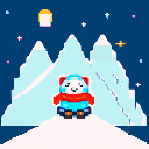 pixel art, sRGB, winter town mountain range, tiny pixel seal sitting, tiny human eskimo character, hanging out