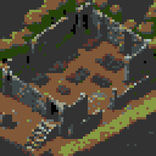 top down, post-apocalyptic, ancient Roman farmland, rpg tileset, moody lighting, crumbling ruins, overgrown vegetation, decaying crops, broken aqueducts, weathered statues, moss-covered stones, eerie atmosphere, abandoned farmhouses, mystical artifacts, mystical runes, mythical creatures, dramatic shadows, epic landscapes, desolate fields