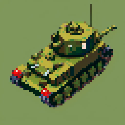top-down pixel art sprite, World War II army tank, bird's eye view, sleek olive green body, rugged tank treads, rotating turret, menacing barrel, pixel art, sRGB, game asset
