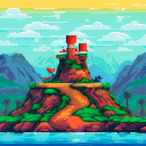 and pit filled with quicksand, platforms with crude giant slingshots, clear and bright weather, pixel art, sRGB, background, landscape