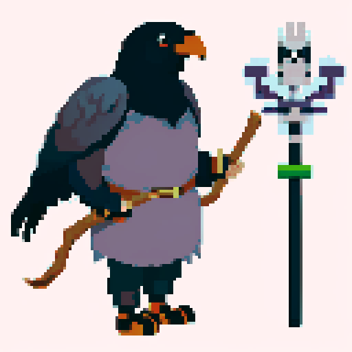 old antropomorphic raven druid with grey beard, with staff in hand