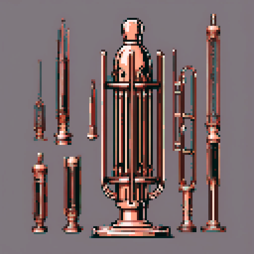 I want a tall vertical copper structure reminiscent of a organ pipe. It should have strange mechanical details that could interlock with each other. I also want this object usable an asset in a videogame, meaning only one object per image, outlined with a strong black stroke, on a solid-color background.
